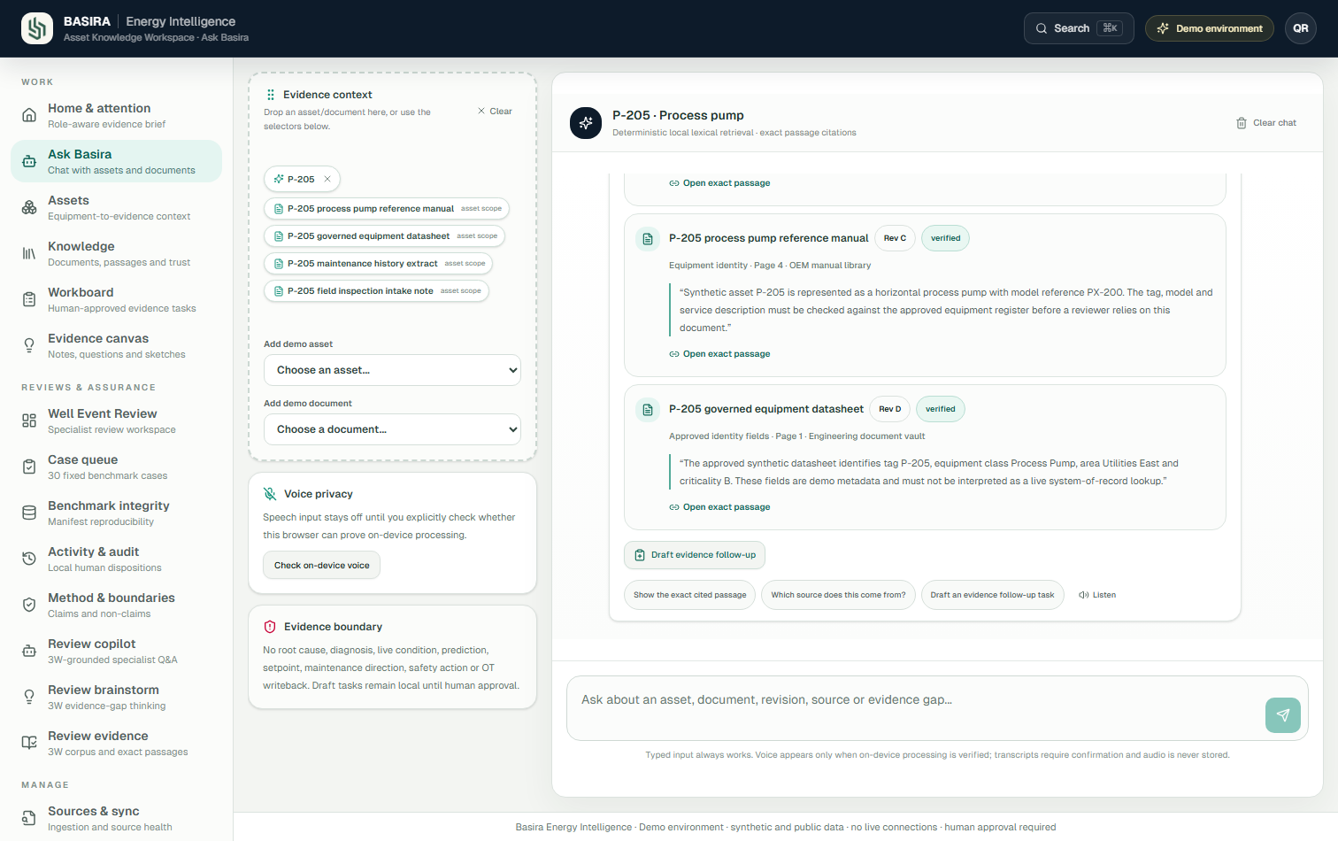 Ask Basira showing equipment context, exact cited passages and a human-reviewed task draft